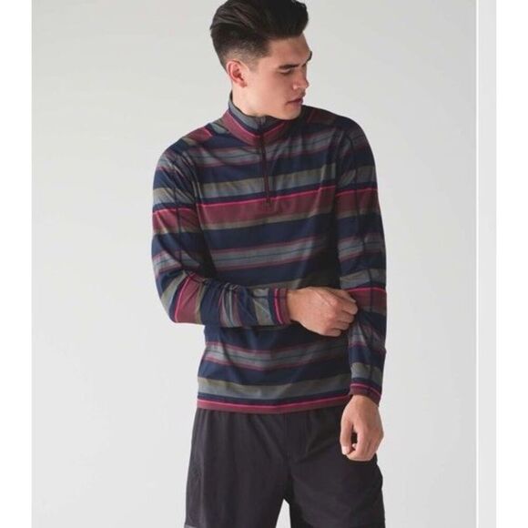 Lululemon Sweatshirt Mens Small Blue Multi Color Striped‎ Quarter Zip Pull Over - Picture 1 of 9